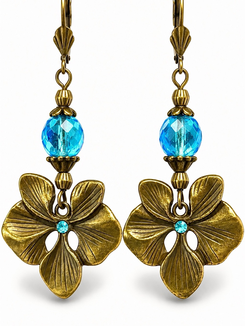 Handmade Blue Czech Glass Faceted Bead, Antique Brass Pansy Earrings - Picture 8 of 11